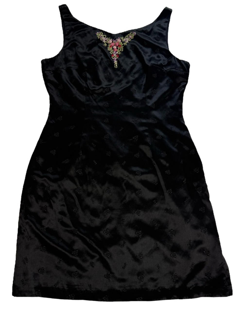 Black Satin Floral Embroidered Slip Dress Mini Y2K Vintage-Inspired XOXO